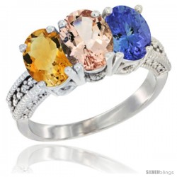 14K White Gold Natural Citrine, Morganite & Tanzanite Ring 3-Stone 7x5 mm Oval Diamond Accent