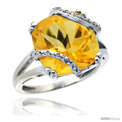 14k White Gold Diamond Citrine Ring 7.5 ct Cushion Cut 12 mm Stone, 1/2 in wide