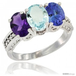 14K White Gold Natural Amethyst, Aquamarine & Tanzanite Ring 3-Stone 7x5 mm Oval Diamond Accent