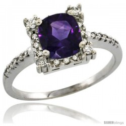 14k White Gold Diamond Halo Amethyst Ring 1.2 ct Checkerboard Cut Cushion 6 mm, 11/32 in wide -Style Cw401125