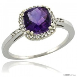 14k White Gold Diamond Amethyst Ring 1.5 ct Checkerboard Cut Cushion Shape 7 mm, 3/8 in wide