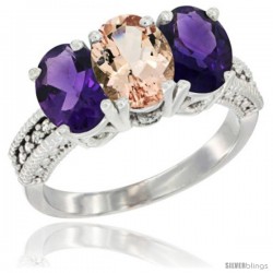 14K White Gold Natural Morganite & Amethyst Ring 3-Stone 7x5 mm Oval Diamond Accent