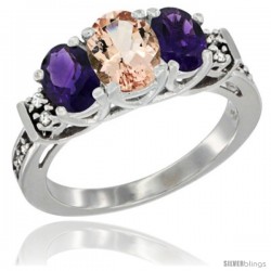 14K White Gold Natural Morganite & Amethyst Ring 3-Stone Oval with Diamond Accent