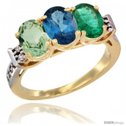 10K Yellow Gold Natural Green Amethyst, London Blue Topaz & Emerald Ring 3-Stone Oval 7x5 mm Diamond Accent