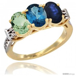 10K Yellow Gold Natural Green Amethyst, London Blue Topaz & Blue Sapphire Ring 3-Stone Oval 7x5 mm Diamond Accent