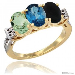 10K Yellow Gold Natural Green Amethyst, London Blue Topaz & Black Onyx Ring 3-Stone Oval 7x5 mm Diamond Accent