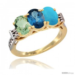 10K Yellow Gold Natural Green Amethyst, London Blue Topaz & Turquoise Ring 3-Stone Oval 7x5 mm Diamond Accent