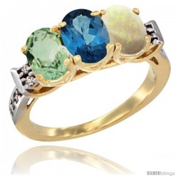 10K Yellow Gold Natural Green Amethyst, London Blue Topaz & Opal Ring 3-Stone Oval 7x5 mm Diamond Accent