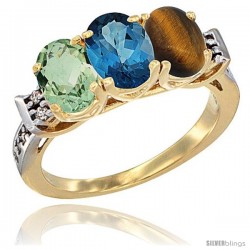 10K Yellow Gold Natural Green Amethyst, London Blue Topaz & Tiger Eye Ring 3-Stone Oval 7x5 mm Diamond Accent