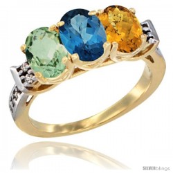 10K Yellow Gold Natural Green Amethyst, London Blue Topaz & Whisky Quartz Ring 3-Stone Oval 7x5 mm Diamond Accent