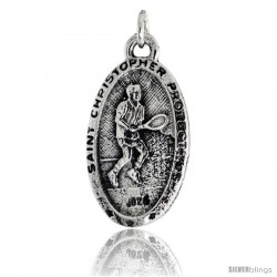 Sterling Silver St. Christopher Oval-shaped Tennis Medal Pendant, 1" (26 mm) tall