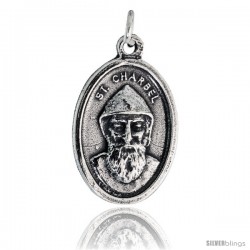 Sterling Silver St. Charbel The Wonderworker Oval-shaped Medal Pendant, 7/8" (23 mm) tall