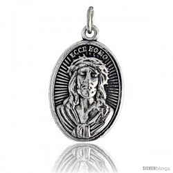 Sterling Silver Jesus Christ Crowned w/ Thorns / Mater Dolorosa Oval-shaped Medal Pendant, 7/8" (23 mm) tall