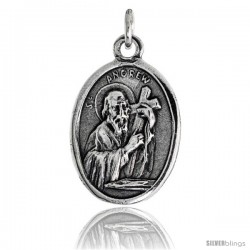 Sterling Silver St. Andrew Carrying a Cross Oval-shaped Medal Pendant, 7/8" (23 mm) tall