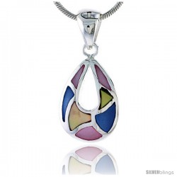 Sterling Silver Pear-shaped Pink, Blue & Light Yellow Mother of Pearl Inlay Pendant, 11/16" (17 mm) tall