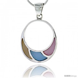 Sterling Silver Circle Pink, Blue & Light Yellow Mother of Pearl Inlay Pendant, 15/16" (24 mm) tall