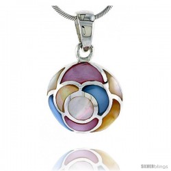 Sterling Silver Round Pink, Blue, Light Yellow & White Mother of Pearl Inlay Pendant, 13/16" (21 mm) tall