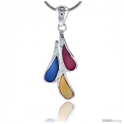 Sterling Silver Teardrop Pink, Blue & Light Yellow Mother of Pearl Inlay Pendant, 1" (25 mm) tall