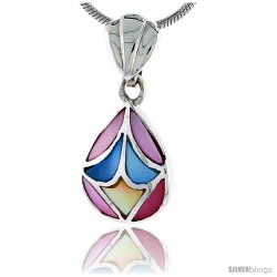 Sterling Silver Pear-shaped Pink, Blue & Light Yellow Mother of Pearl Inlay Pendant, 9/16" (14 mm) tall