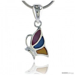 Sterling Silver Half Butterfly Pink, Blue & Light Yellow Mother of Pearl Inlay Pendant, 9/16" (14 mm) tall