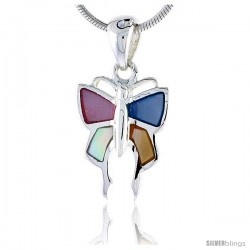 Sterling Silver Butterfly Pink, Blue, Light Yellow & White Mother of Pearl Inlay Pendant, 5/8" (16 mm) tall