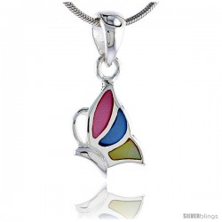 Sterling Silver Half Butterfly Pink, Blue & Light Yellow Mother of Pearl Inlay Pendant, 9/16" (14 mm) tall -Style Pshl22