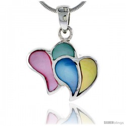 Sterling Silver Double Heart Pink, Blue, Green & Light Yellow Mother of Pearl Inlay Pendant, 11/16" (17 mm) tall