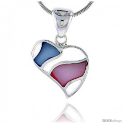 Sterling Silver Heart Pink & Blue Mother of Pearl Inlay Pendant, 5/8" (16 mm) tall