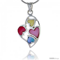 Sterling Silver Heart Pink, Blue & Light Yellow Mother of Pearl Inlay Pendant, 1" (25 mm) tall