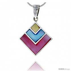 Sterling Silver Diamond-shaped Pink, Blue & Light Yellow Mother of Pearl Inlay Pendant, 15/16" (24 mm) tall