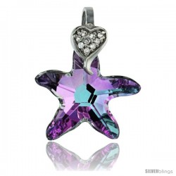 Sterling Silver Pendant w/ Purple Starfish Swarovski Crystal & Cubic Zirconia Stones, 1 in. (26 mm) tall, Rhodium Finish