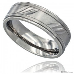 Surgical Steel Mens Flat Wedding Band Ring 7mm Three Diagonal Carved Stripes Pattern Comfort Fit