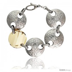 Sterling Silver Extra Large Floral Round Link Bracelet w/ Smoky Quartz Crystal Disc, 7 in