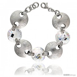 Sterling Silver Large Floral Round Link Bracelet w/ White Quartz Crystal Discs, 7 in