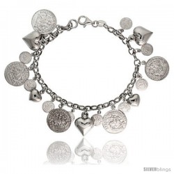 Sterling Silver Rolo Link Hearts & Coins Charm Bracelet, 7 in