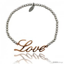 Sterling Silver 7 in. Ball Bead Link Bracelet w/ Rose Gold Finish LOVE Plate, 5/8 in. (16 mm) wide