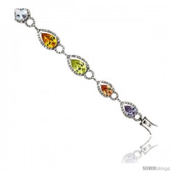 Sterling Silver & Rhodium Plated Ladies' 7 1/4" Bracelet, w/ Pear Cut Cubic Zirconia Stones in Assorted Colors (Peridot, Pink