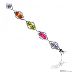 Sterling Silver & Rhodium Plated Ladies' 7 1/2" Bracelet, w/ Marquise Cut Cubic Zirconia Stones in Assorted Colors (Peridot