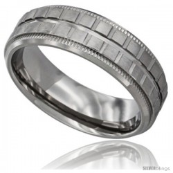 Surgical Steel Mens Flat Wedding Band Ring Square Blocks pattern 7mm Millgrain-edged Comfort Fit