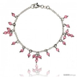 Sterling Silver Pink Sapphire Swarovski Crystals 7 in. Charm Bracelet