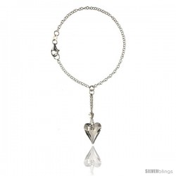 Sterling Silver Heart Charm Swarovski Crystal 7 in. Rolo Link Bracelet 9/16 in (15 mm) wide w/ drop