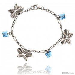 Sterling Silver Butterfly Blue Topaz Swarovski Crystals 7 in. Oval Link Charm Bracelet