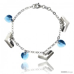 Sterling Silver Heart Blue Topaz Swarovski Crystals 7 in. Oval Link Charm Bracelet