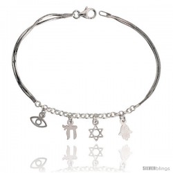 Sterling Silver Charm Bracelet w/ Jewish Symbols, 1/2" (12 mm) wide, 7 in