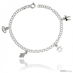 Sterling Silver Adjustable Charm Bracelet w/ Jewish Symbols, 1/2" (12 mm) wide, 7 in