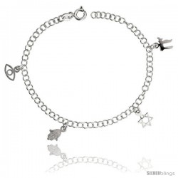 Sterling Silver Adjustable Charm Bracelet w/ Jewish Symbols, 1/2" (12 mm) wide, 7 in