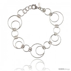 Sterling Silver Wire Dangling Circles Hanging Hoop Diamond Cut 7.5 in. Bracelet w/ White Gold Finish, 1 in. (25 mm) drop