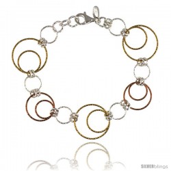 Sterling Silver Wire Dangling Circles Hanging Hoop Diamond Cut 7.5 in Bracelet w/ White, Yellow & Rose Gold Finish, 1 in