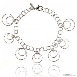 Sterling Silver Wire Hoop Circles Diamond Cut 8 in. Bracelet w/ White Gold Finish, 7/8 in. (22 mm) wide