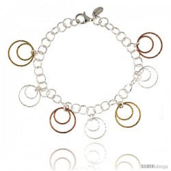 Sterling Silver Wire Hoop Circles Diamond Cut 8 in. Bracelet w/ White, Yellow & Rose Gold Finish, 7/8 in. (22 mm) wide